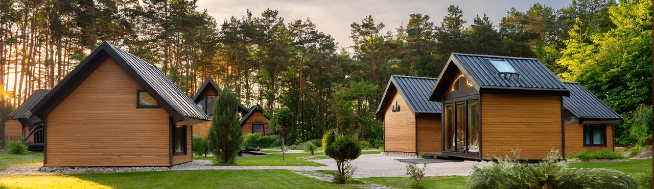a holiday park offering small luxury cottages for rent in a wooded area
