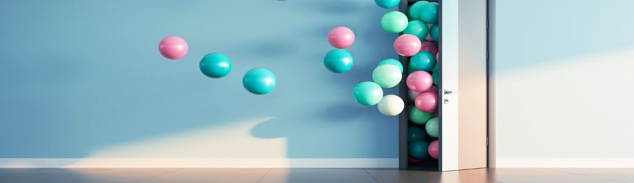 Doeur die opent en waar gekleurde ballonen uit komen