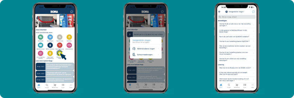 3 mobiele telefoons naast elkaar met allemaal een screenshot van BiP