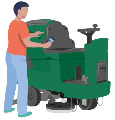 illustratie van een BOMA schoonmaakmachine met een schoonmaker met een telefoon in de hand ernaast