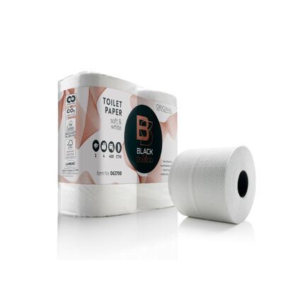 213065: Papier toilette traditionnel Black Satino  - tissu recycl - 2 plis - 400 coupons - gaufr - BLANC - 40 rouleaux (10x4) - 137800/062701