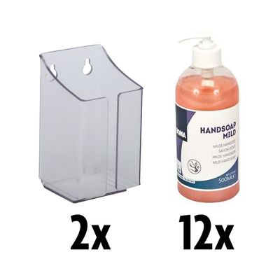 777945: Pack hygiène 4: 2 x support mural pour flacon avec pompe + 12 x 500 ml Handsoap Mild